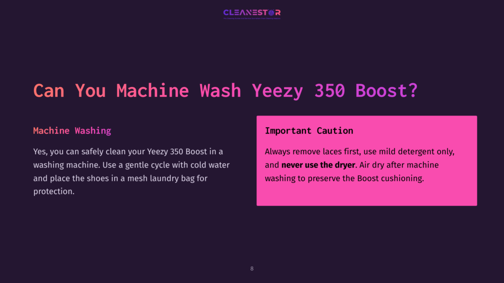 8 Can You Machine Wash Yeezy 350 Boost Graphic With Text &Quot;Can You Machine Wash Yeezy 350 Boost?&Quot; And &Quot;Important Caution&Quot; Detailing How To Safely Machine Wash Yeezy 350 Boost Sneakers.