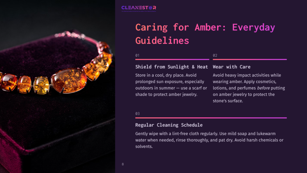 Close-Up Of A Beautiful Amber Necklace With Large, Translucent Stones On A Dark Velvet Surface, Alongside Text About Caring For Amber Jewelry.