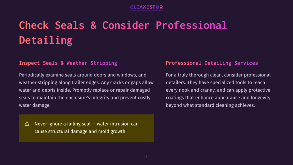 Graphic With The Text &Quot;Cleanestor&Quot; And &Quot;Professional Detailing Services&Quot;. The Text &Quot;Check Seals &Amp; Consider Professional Detailing&Quot; Is Prominently Displayed In Large Font, With Sections On &Quot;Inspect Seals &Amp; Weather Stripping&Quot; And &Quot;Professional Detailing Services&Quot;.
