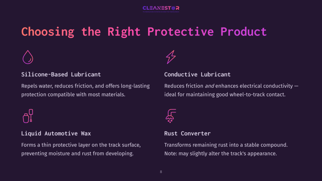 8 Choosing The Right Protective Product A Dark Background With The Cleanestor Logo At The Top, And Four Sections Describing Protective Products: Silicone-Based Lubricant, Conductive Lubricant, Liquid Automotive Wax, And Rust Converter, With Icons And Descriptions.