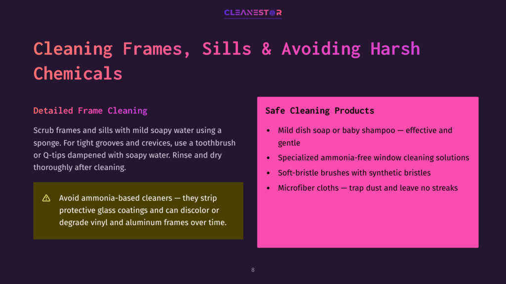 Slide Titled &Quot;Cleaning Frames, Sills &Amp; Avoiding Harsh Chemicals&Quot; With Two Columns: &Quot;Detailed Frame Cleaning&Quot; Describes Using Mild Soapy Water, A Sponge, Toothbrush, And Q-Tips For Cleaning; &Quot;Safe Cleaning Products&Quot; Lists Mild Dish Soap, Baby Shampoo, Ammonia-Free Window Cleaners, Soft-Bristle Brushes, And Microfiber Cloths.