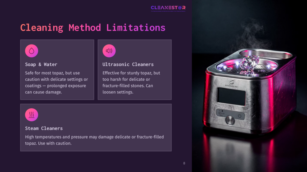 8 Cleaning Method Limitations A Jewelry Cleaning Machine With A Diamond And A Ring Sits On A Dark, Reflective Surface, Emitting Steam. The Machine Has A Digital Display And Controls, With The Brand &Quot;Premium&Quot; Visible.