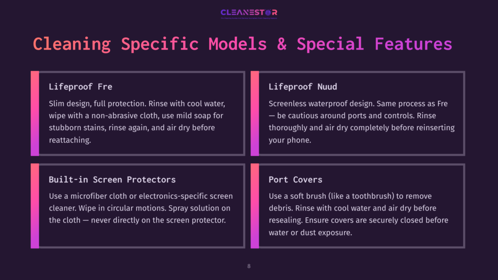 Infographic Detailing &Quot;Cleaning Specific Models &Amp; Special Features&Quot; Including &Quot;Lifeproof Fre&Quot; And &Quot;Lifeproof Nuud&Quot; Water And Dust Protection, And &Quot;Built-In Screen Protectors&Quot; And &Quot;Port Covers&Quot; For Phone Protection.