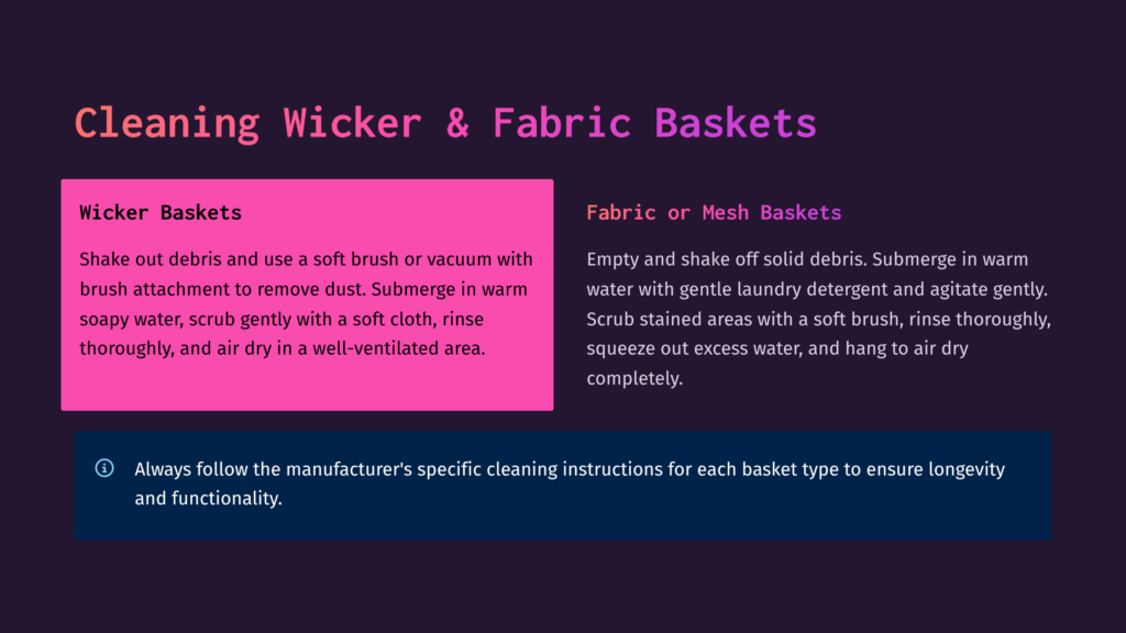 8 Cleaning Wicker And Fabric Baskets Illustration Detailing How To Clean Wicker And Fabric Baskets, With Separate Instructions For Each Type, Including Tips On Washing And Drying.