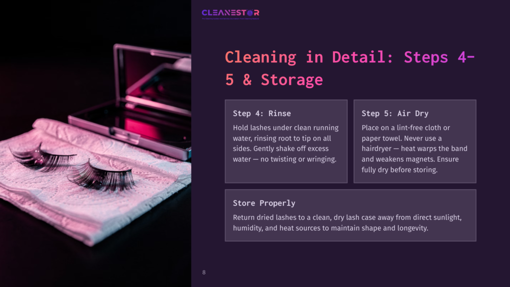 Close-Up Of False Eyelashes Resting On A White Paper Towel Next To An Open Compact Mirror, With Pink And Purple Lighting. Text Overlay: &Quot;Cleaning In Detail: Steps 4-5 &Amp; Storage&Quot;.
