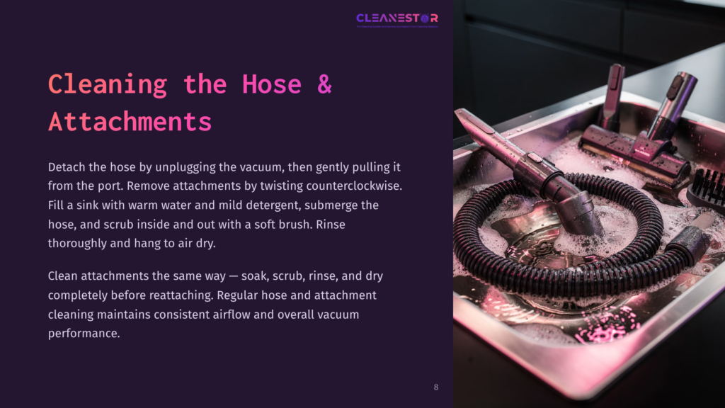 A Close-Up Shot Shows A Vacuum Cleaner Hose And Various Attachments Being Cleaned In A Sink Filled With Soapy Water, With The Text &Quot;Cleanestor&Quot; Visible At The Top.