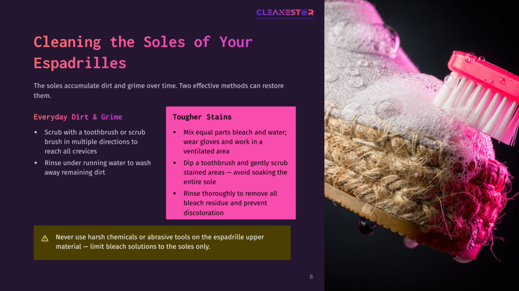 Close-Up Of A White Espadrille Shoe Sole Being Cleaned With A Pink Scrub Brush And White Foam. Text On The Left Details Cleaning Methods For Espadrille Soles.