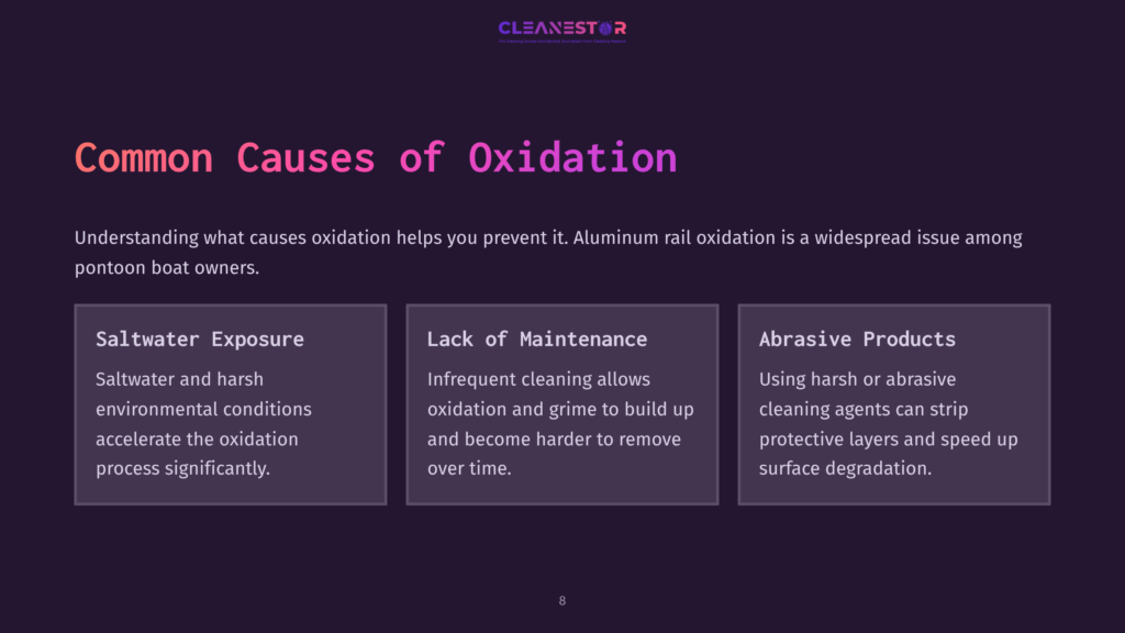 8 Common Causes Of Oxidation Diagram Titled &Quot;Common Causes Of Oxidation&Quot; With Three Columns: &Quot;Saltwater Exposure,&Quot; &Quot;Lack Of Maintenance,&Quot; And &Quot;Abrasive Products,&Quot; Detailing Reasons For Aluminum Oxidation On Pontoon Boats.