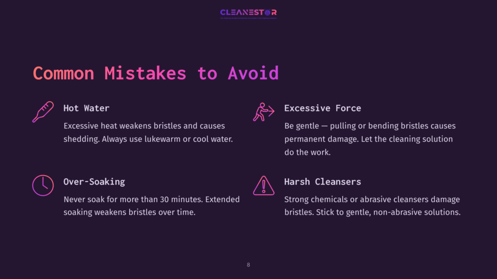 8 Common Mistakes To Avoid Infographic Detailing Common Mistakes To Avoid When Cleaning, Including Hot Water, Over-Soaking, Excessive Force, And Harsh Cleansers. Text Includes &Quot;Common Mistakes To Avoid,&Quot; &Quot;Hot Water,&Quot; &Quot;Over-Soaking,&Quot; &Quot;Excessive Force,&Quot; And &Quot;Harsh Cleansers.
