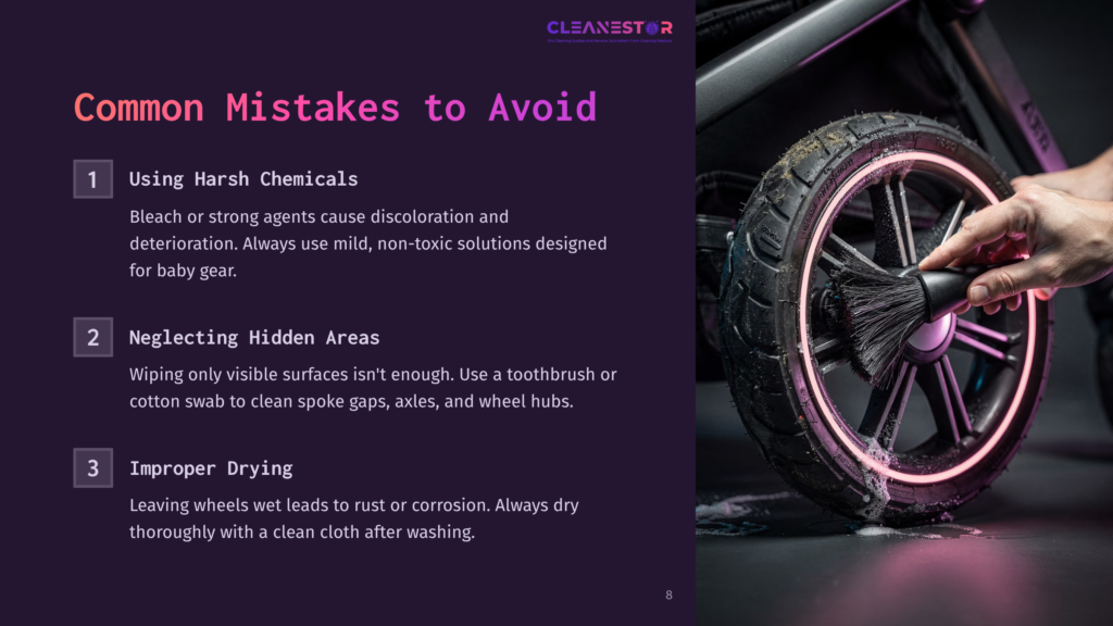 Close-Up Of A Hand With A Brush Cleaning A Stroller Wheel, With Pink And Purple Neon Lighting. Text Overlay: &Quot;Common Mistakes To Avoid&Quot;.
