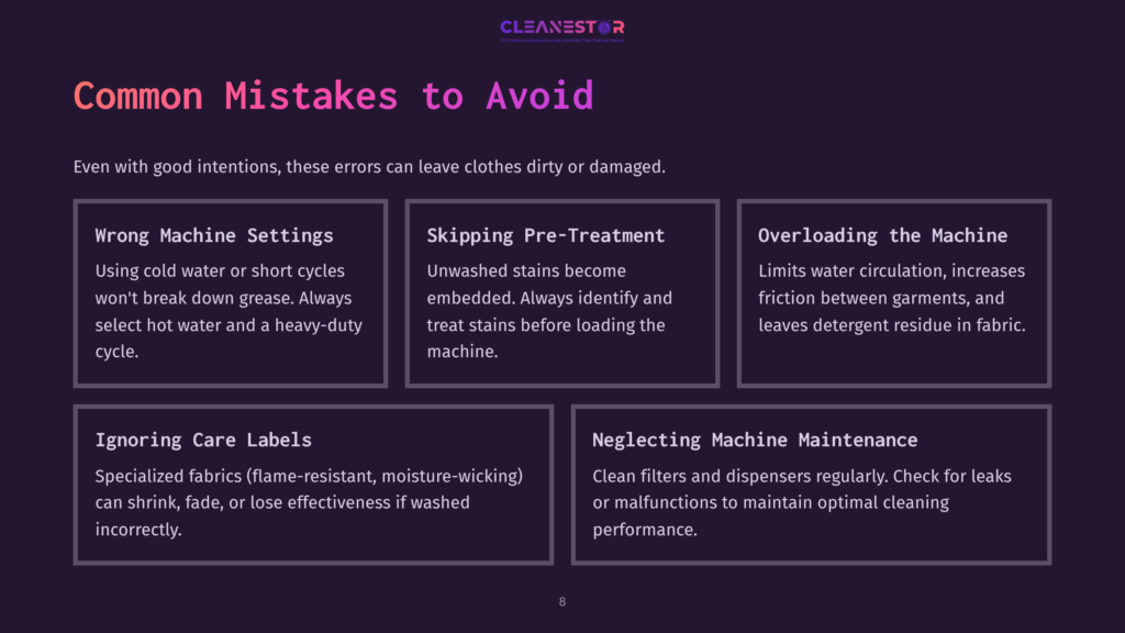 Infographic Titled &Quot;Common Mistakes To Avoid&Quot; With A Dark Purple Background, Detailing Laundry Errors Like &Quot;Wrong Machine Settings,&Quot; &Quot;Skipping Pre-Treatment,&Quot; &Quot;Overloading The Machine,&Quot; &Quot;Ignoring Care Labels,&Quot; And &Quot;Neglecting Machine Maintenance.