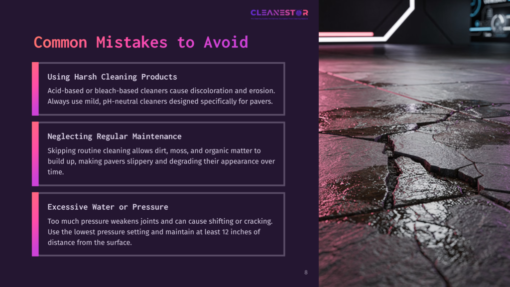 8 Common Mistakes To Avoid 5 Cracked, Wet Pavers With A Deep Fissure, Reflecting The Purple And Pink Hues Of Ambient Light. The Image Highlights Common Mistakes In Paver Maintenance, Such As Using Harsh Cleaning Products Or Neglecting Regular Cleaning.