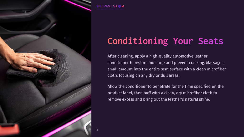 A Hand Gently Wipes A Dark Leather Car Seat With A Black Microfiber Cloth, Demonstrating The Conditioning Process To Restore Moisture And Prevent Cracking.