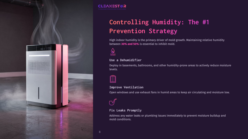 A Modern, White And Pink Dehumidifier With A Glowing Pink Light Sits In A Dimly Lit Room, Emitting A Gentle Stream Of White Steam. The Text &Quot;Cleanestor Controlling Humidity: The #1 Prevention Strategy&Quot; Is Visible.