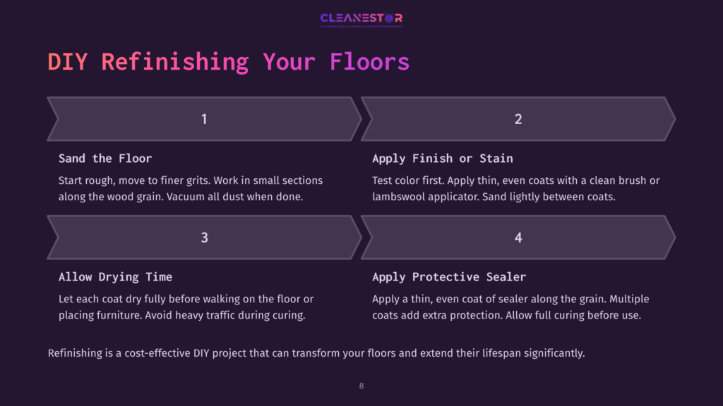 8 Diy Refinishing Your Floors Infographic Detailing Diy Floor Refinishing Steps: 1. Sand The Floor, 2. Apply Finish Or Stain, 3. Allow Drying Time, 4. Apply Protective Sealer. Text &Quot;Cleanestor&Quot; At The Top.