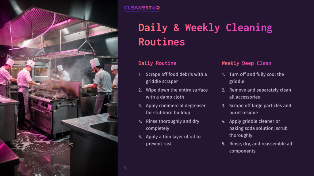 8 Daily And Weekly Cleaning Routines A Busy Commercial Kitchen With Chefs In Uniform Working At A Griddle, Steam Rising From The Cooking Surface. The Image Features The Text &Quot;Cleanestor Daily &Amp; Weekly Cleaning Routines&Quot;.