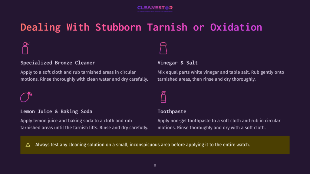 Diagram Showing Four Methods To Deal With Stubborn Tarnish On Oxidation: Specialized Bronze Cleaner, Vinegar &Amp; Salt, Lemon Juice &Amp; Baking Soda, And Toothpaste. Text Includes Cleaning Instructions And A Warning To Test Solutions First.