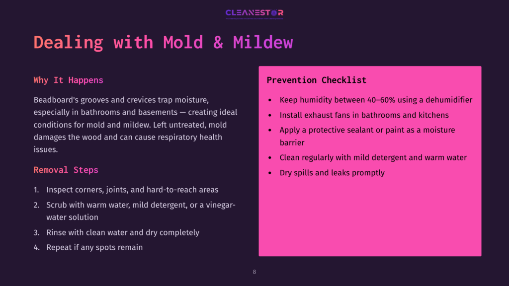 Presentation Slide Titled &Quot;Dealing With Mold &Amp; Mildew&Quot; With Sections On &Quot;Why It Happens,&Quot; &Quot;Removal Steps,&Quot; And &Quot;Prevention Checklist,&Quot; Offering Advice On Mold And Mildew Control.