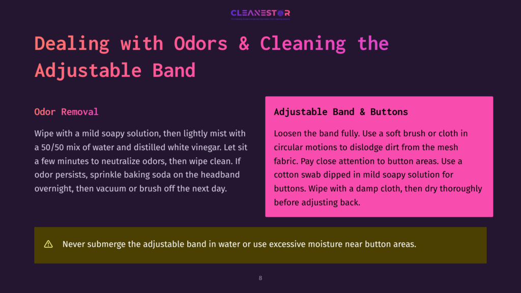 Text Overlay On A Dark Background Reads &Quot;Dealing With Odors &Amp; Cleaning The Adjustable Band.&Quot; Left Side Details Odor Removal With A 50/50 Mix Of Water And Vinegar. Right Side Discusses Cleaning The Adjustable Band And Buttons.