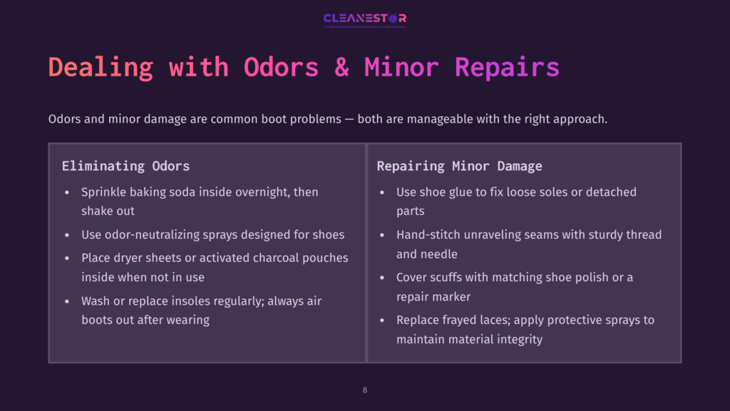 Dealing With Odors &Amp; Minor Repairs: This Graphic Details How To Eliminate Odors From Shoes And Repair Minor Damage. It Lists Steps Like Using Baking Soda For Odors And Shoe Glue For Repairs.