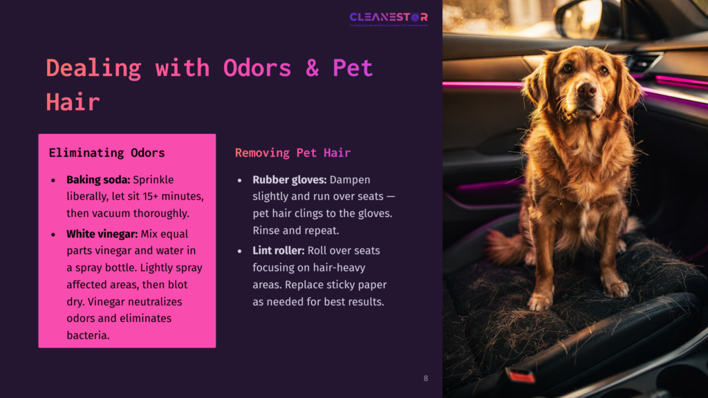 A Golden Retriever Sits In A Car'S Back Seat, Surrounded By Pet Hair. The Image Is Part Of A &Quot;Dealing With Odors &Amp; Hair&Quot; Presentation, Featuring Tips Like Using Baking Soda And White Vinegar.