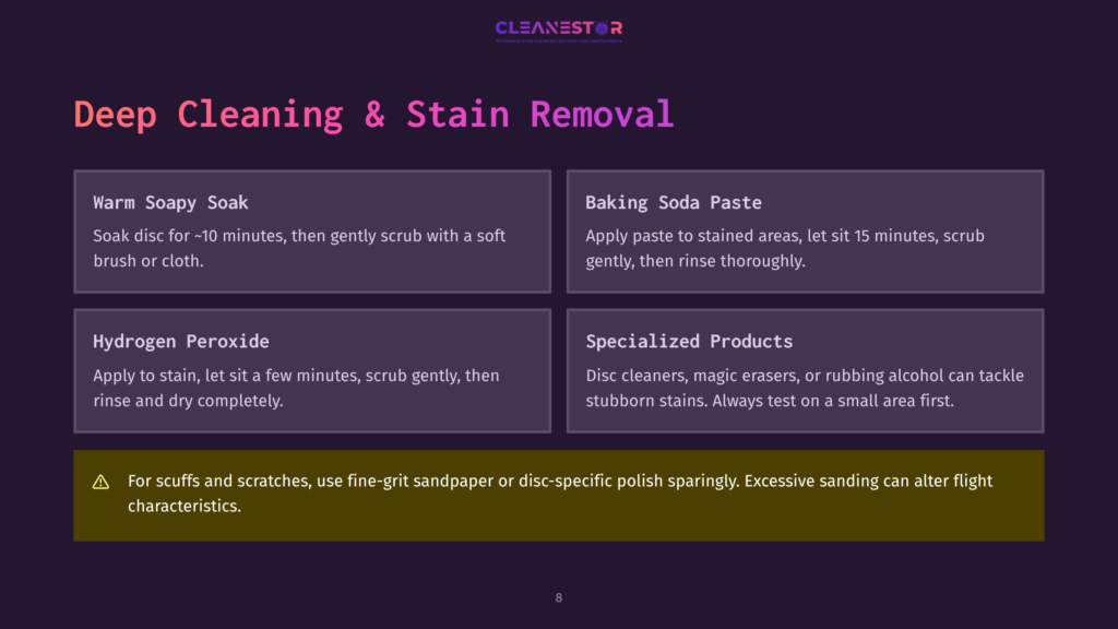 Infographic Detailing Methods For Deep Cleaning And Stain Removal, Including Warm Soapy Soak, Baking Soda Paste, Hydrogen Peroxide, And Specialized Products, With A Warning About Scuffs And Scratches.