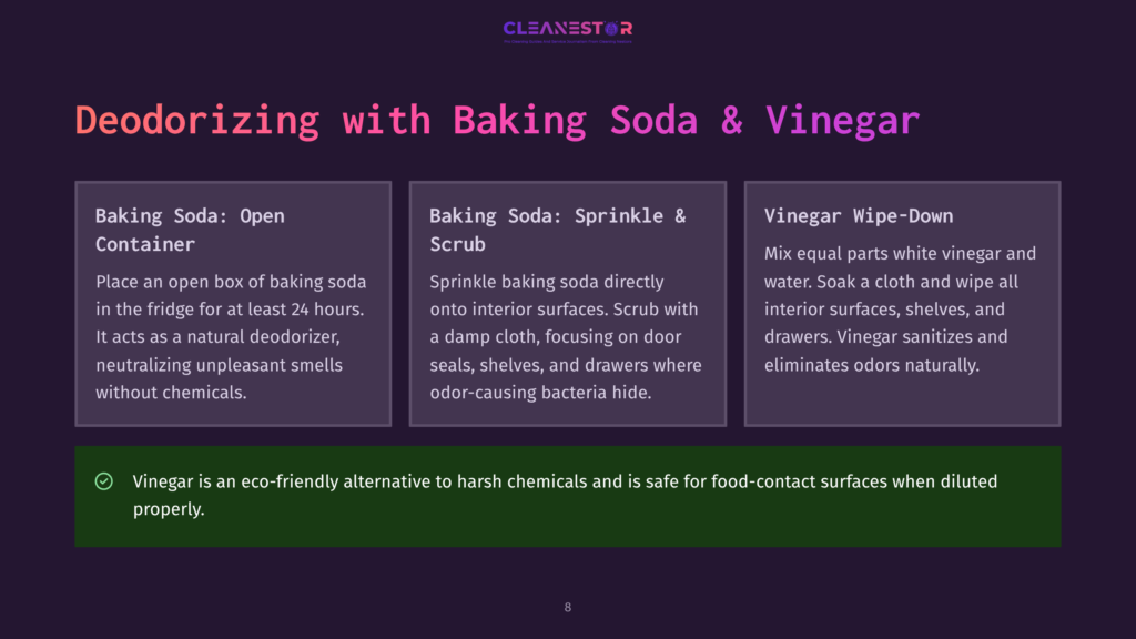 Infographic Titled &Quot;Deodorizing With Baking Soda &Amp; Vinegar&Quot; With Three Sections: Baking Soda Open Container, Baking Soda Sprinkle &Amp; Scrub, And Vinegar Wipe-Down, Plus A Green Banner Stating &Quot;Vinegar Is An Eco-Friendly Alternative...