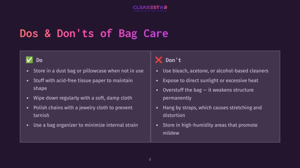 8 Dos And Donts Of Bag Care Dos And Don&Amp;Apos;Ts Of Bag Care: Image Shows A Purple Background With A Checklist Of &Quot;Do&Quot; Items On The Left And &Quot;Don&Amp;Apos;T&Quot; Items On The Right, Offering Advice On Storing And Cleaning Bags.