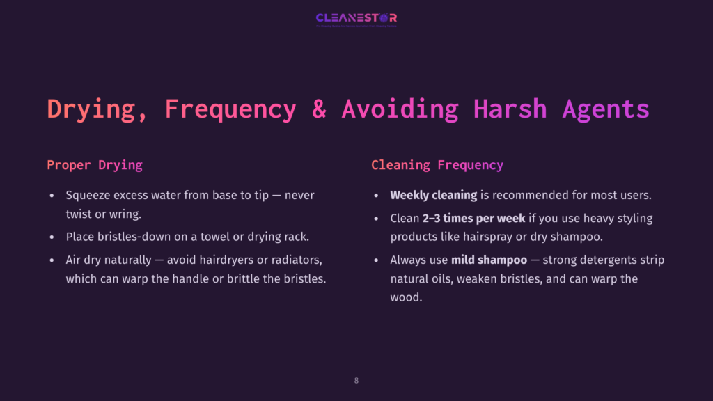 8 Drying Frequency And Avoiding Harsh Agents Dark Purple Background With The Text &Quot;Cleanestor&Quot; At The Top And &Quot;Drying, Frequency &Amp; Avoiding Harsh Agents&Quot; In Large White Text Below. The Text Details Proper Drying Techniques And Weekly Cleaning Frequency Recommendations For Hair.