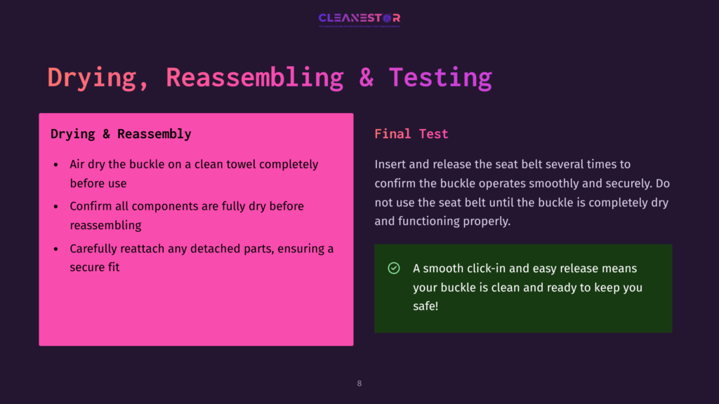 Presentation Slide With Text: &Quot;Drying, Reassembling &Amp; Testing&Quot; And &Quot;Final Test&Quot;. Left Side Details Drying And Reassembly Steps For A Seat Belt. Right Side Describes Final Testing Of The Seat Belt For Smooth Operation And Secure Fit.