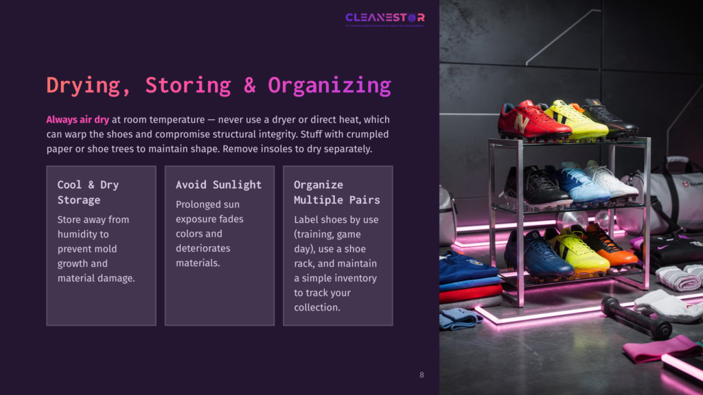 8 Drying Storing And Organizing Drying, Storing &Amp; Organizing: Colorful Soccer Cleats Displayed On A Sleek, Modern Shelf With Neon Pink Lighting, Alongside Storage Bags And Accessories. Text Highlights Tips For Shoe Care.