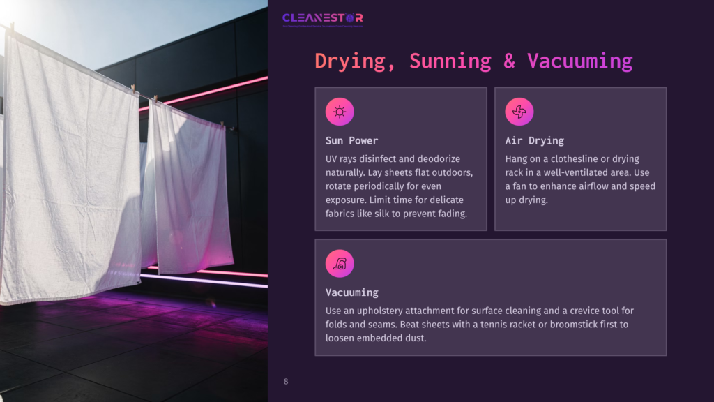 White Sheets Hang On A Clothesline Outside A Modern Building, Bathed In Bright Sunlight, With A Purple-Tinted Floor Reflecting The Scene. The Image Is Part Of A Presentation On &Quot;Drying, Sunning &Amp; Vacuuming&Quot; For Cleaning Services.
