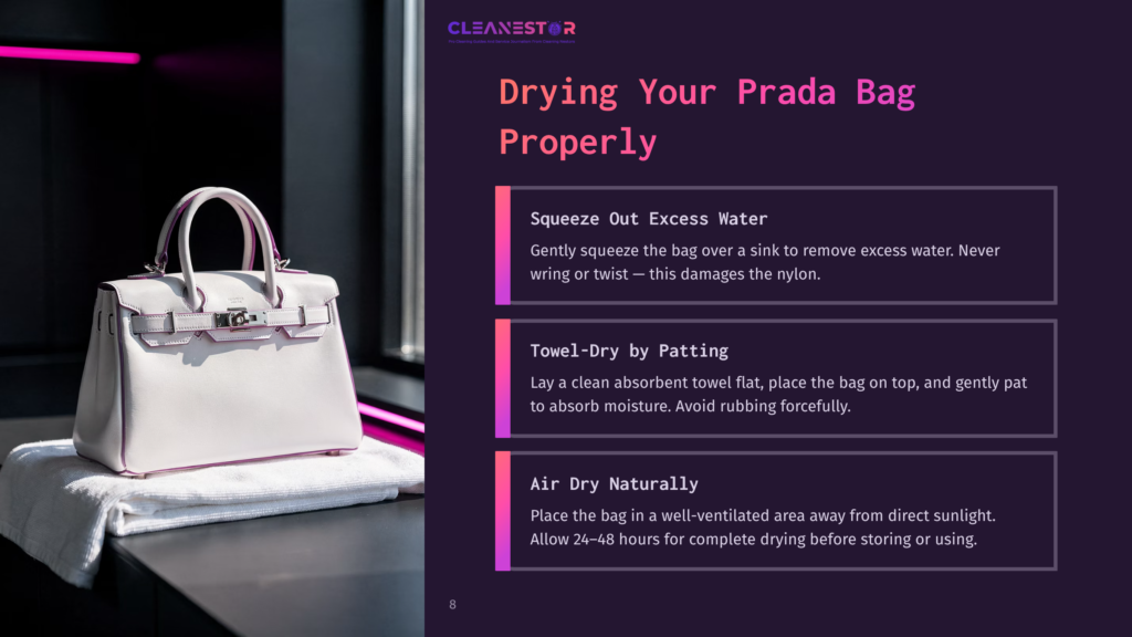 A Light Gray Luxury Handbag, Possibly A Prada Bag, Rests On A White Towel Next To A Window. Text Overlays Provide Drying Instructions: &Quot;Squeeze Out Excess Water,&Quot; &Quot;Towel-Dry By Patting,&Quot; And &Quot;Air Dry Naturally.