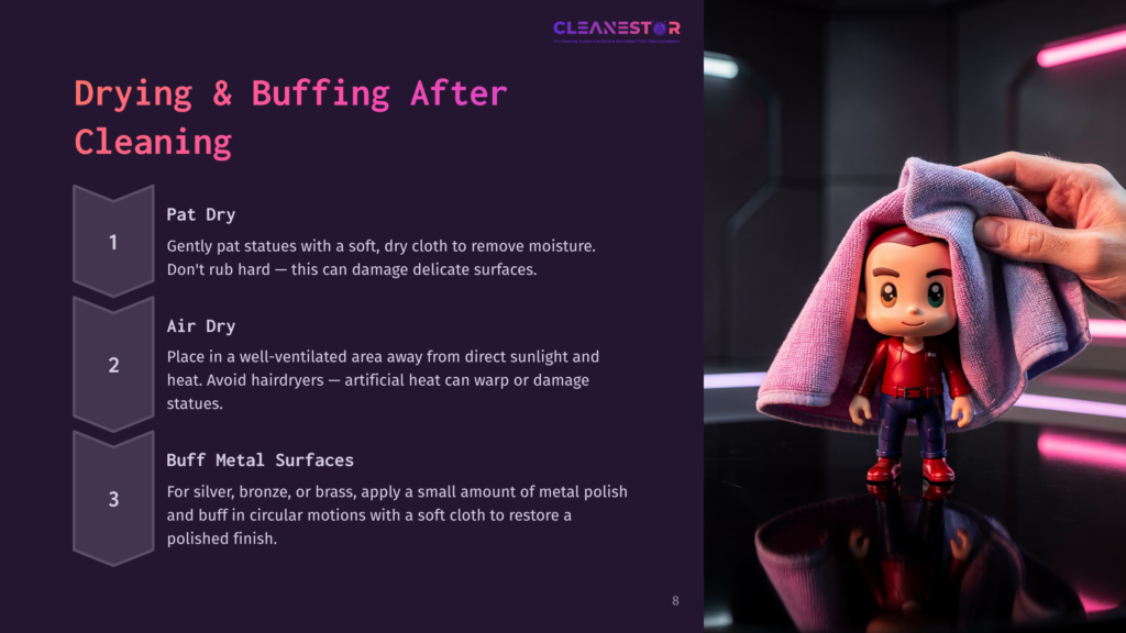A Hand Holding A Purple Microfiber Cloth Gently Dries A Small, Collectible Figurine With A Cartoonish Face. The Figurine Stands On A Dark, Reflective Surface, With Pink Neon Lights In The Background. The Text &Quot;Cleanestor&Quot; Is Visible At The Top.