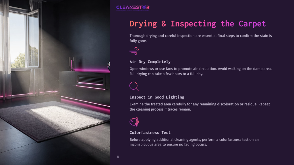 Cleanestor Logo And Text: &Quot;Drying &Amp; Inspecting The Carpet&Quot; With Tips For Air Drying, Inspecting In Good Lighting, And Colorfastness Test. A Plush Carpet Is Illuminated By Soft Pink Ambient Light.