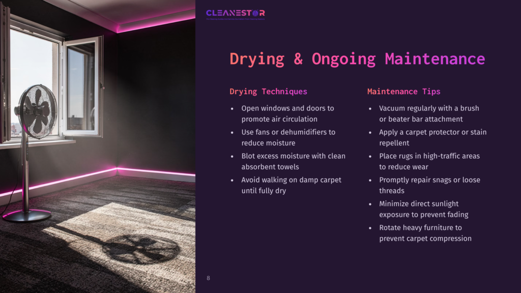 A Modern Office Space With A Large Industrial Fan On A Carpeted Floor, With Vibrant Purple And Pink Neon Lighting Illuminating The Room. Text Reads: &Quot;Cleanestor Drying &Amp; Ongoing Maintenance Drying Techniques Maintenance Tips&Quot;.