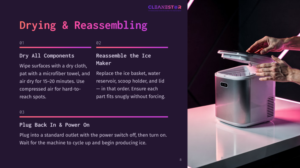 Hands Reassembling A White And Silver Ice Maker, With Text Overlay Detailing Drying And Reassembling Steps For Cleanestor Ice Machines.