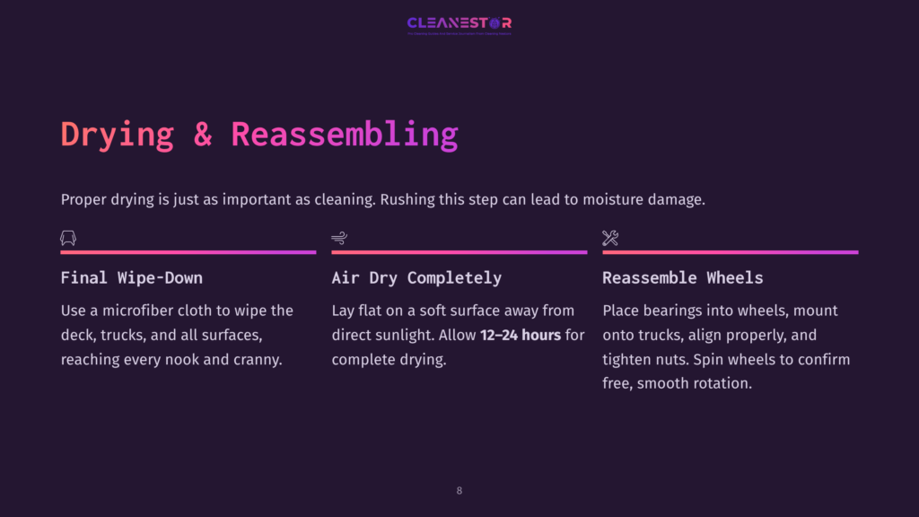 Cleanestor Logo. Text Reads: Drying &Amp; Reassembling. Proper Drying Is Key To Prevent Moisture Damage. Steps: Final Wipe-Down With Microfiber Cloth, Air Dry Completely In Sunlight For 12-24 Hours, Reassemble Wheels By Aligning And Tightening Nuts.