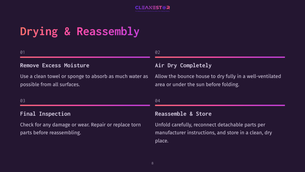 Infographic Detailing The Drying And Reassembly Process For A Bounce House, With Steps Like &Quot;Remove Excess Moisture,&Quot; &Quot;Air Dry Completely,&Quot; &Quot;Final Inspection,&Quot; And &Quot;Reassemble &Amp; Store.