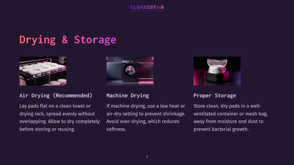 Three Images Showcasing Drying And Storage Methods For Reusable Cleaning Pads: Air Drying On A Rack, Machine Drying In A Washer, And Proper Storage In A Sealed Container.