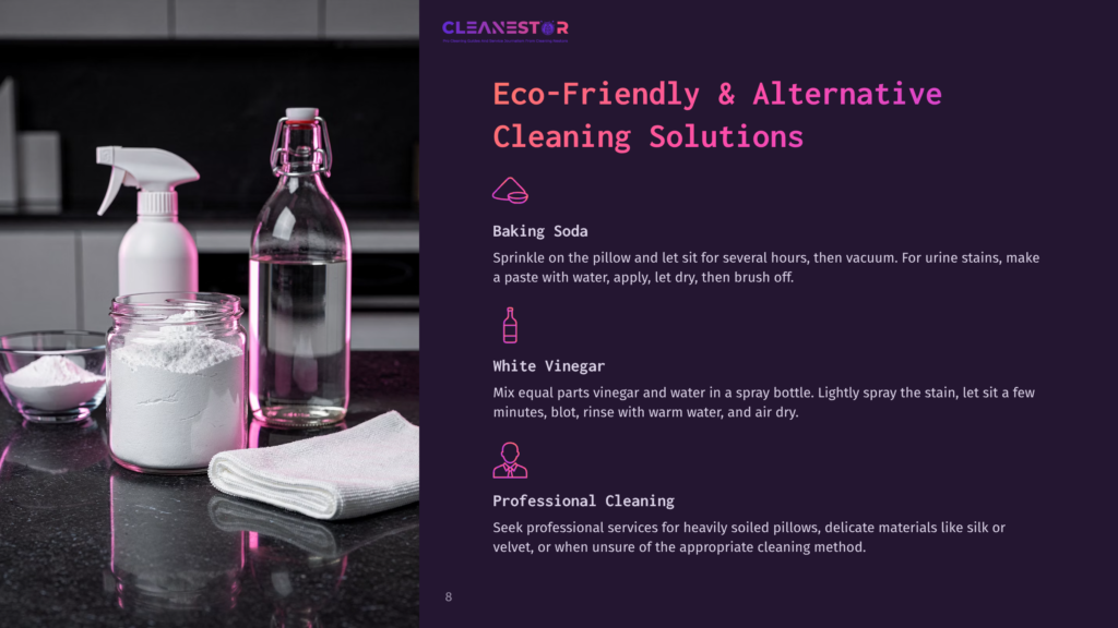 8 Eco Friendly And Alternative Cleaning Solutions Eco-Friendly Cleaning Solutions: Baking Soda, White Vinegar, And Professional Cleaning Services Are Presented With Icons And Descriptions On A Dark Background.