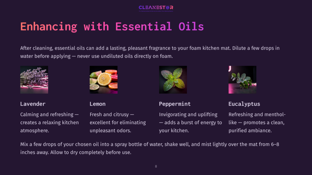 8 Enhancing With Essential Oils Four Essential Oil Bottles: Lavender, Lemon, Peppermint, And Eucalyptus, With Accompanying Images Of Lavender Sprigs, Citrus Slices, Mint Leaves, And Eucalyptus Branches. Text Describes Enhancing Kitchen Mats With Essential Oils.