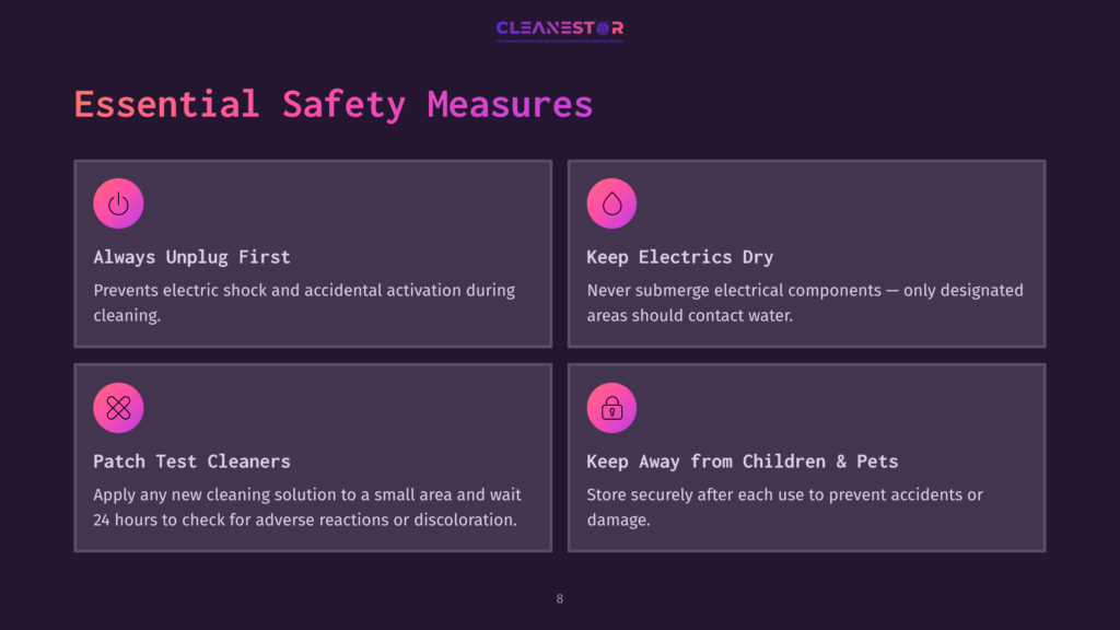 Essential Safety Measures For Cleaning: Always Unplug First, Keep Electrics Dry, Patch Test Cleaners, And Keep Away From Children &Amp; Pets.