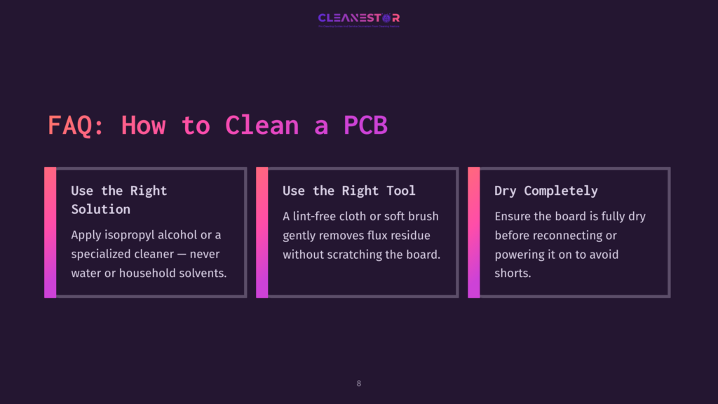 Faq Graphic: &Quot;How To Clean A Pcb&Quot; With Three Columns: &Quot;Use The Right Solution&Quot; (Isopropyl Alcohol Or Specialized Cleaner), &Quot;Use The Right Tool&Quot; (Lint-Free Cloth Or Soft Brush), And &Quot;Dry Completely&Quot; (Before Reconnecting).