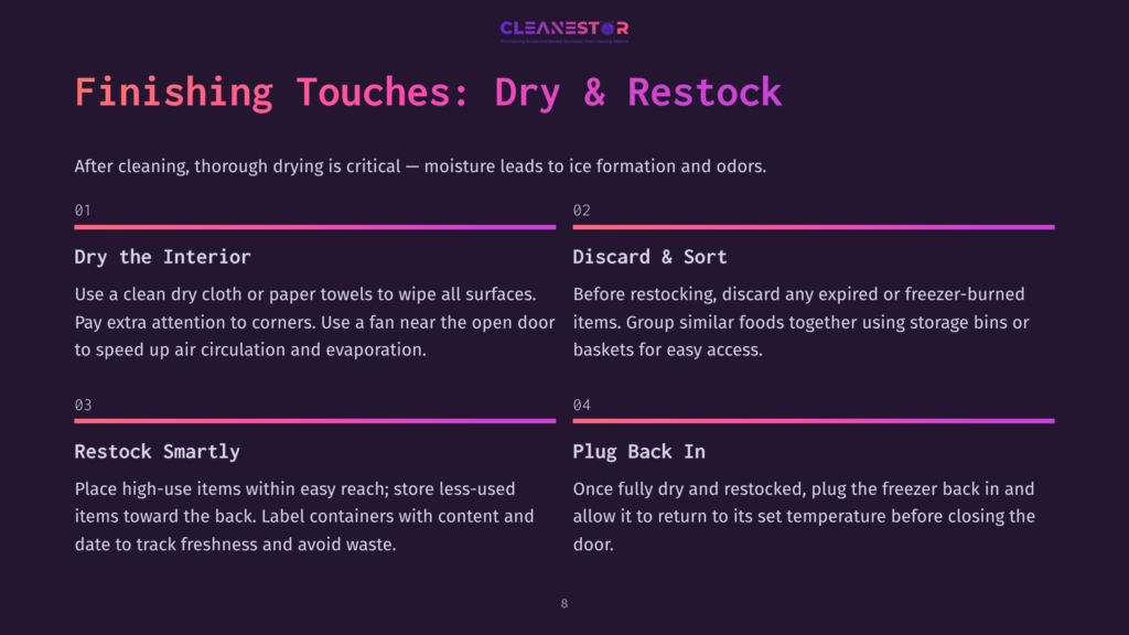 8 Finishing Touches Dry And Restock Cleanestor Logo And Text: &Quot;Finishing Touches: Dry &Amp; Restock.&Quot; Sections Detail Interior Drying, Discarding Expired Items, Restocking Smartly, And Plugging Back In The Refrigerator.