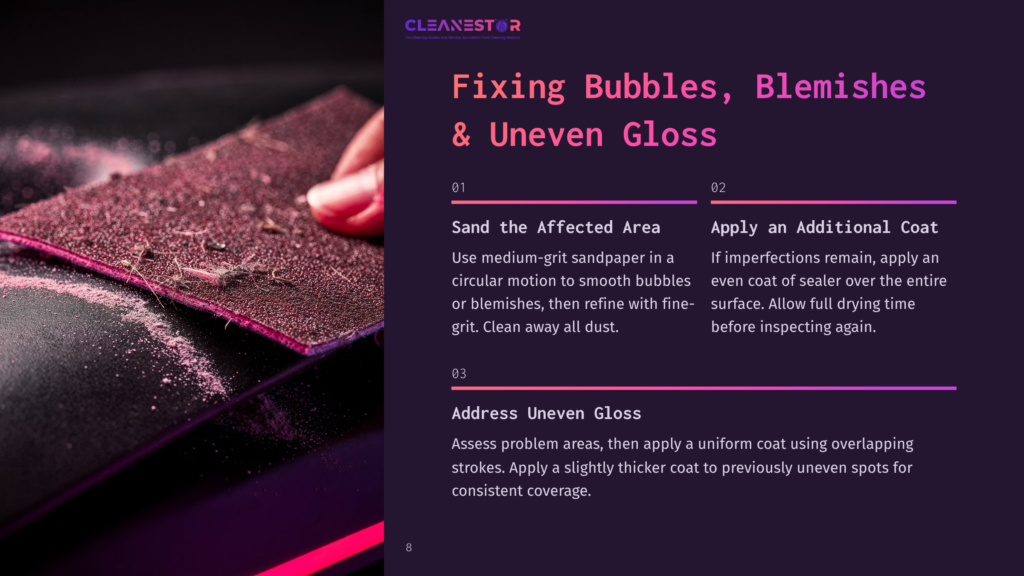 Close-Up Of A Hand Using A Pink Sanding Pad On A Glossy Black Surface To Fix Bubbles, Blemishes, And Uneven Gloss. Text Reads: &Quot;Fixing Bubbles, Blemishes &Amp; Uneven Gloss&Quot;, &Quot;Sand The Affected Area&Quot;, &Quot;Apply An Additional Coat&Quot;, &Quot;Address Uneven Gloss&Quot;.