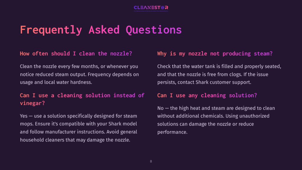 Frequently Asked Questions About Cleaning Nozzles, Covering Nozzle Cleaning Frequency And Using Cleaning Solutions With Shark Mops, With The Cleanestor Logo At The Top.