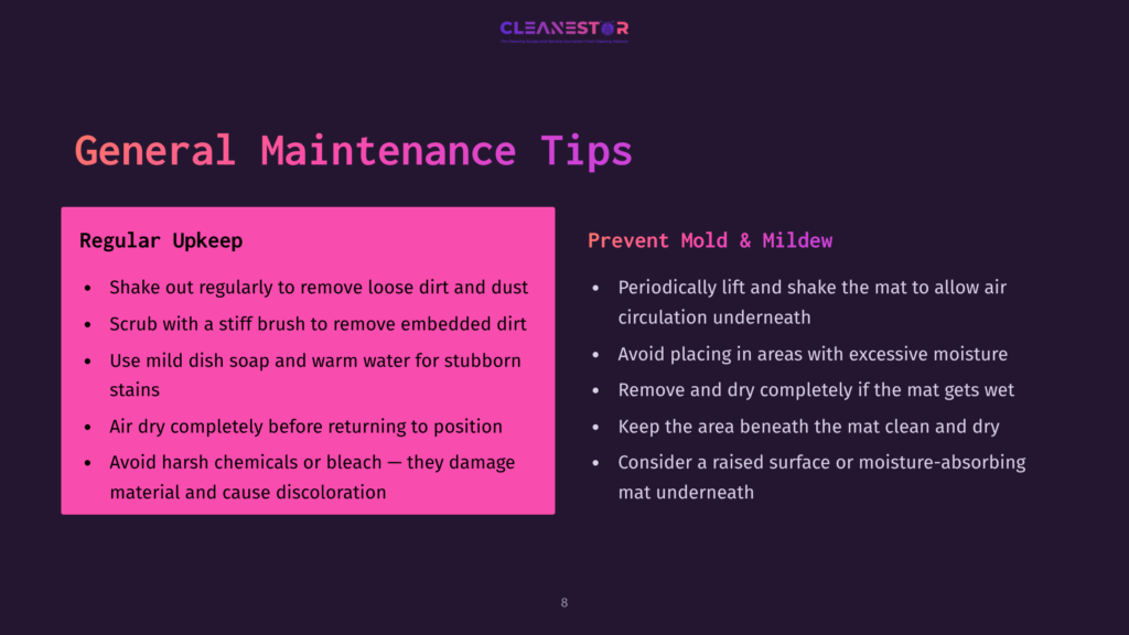 8 General Maintenance Tips General Maintenance Tips For Rugs, Including Regular Upkeep Such As Shaking Out Dirt And Avoiding Harsh Chemicals, And Preventing Mold &Amp; Mildew By Ensuring Air Circulation Under The Rug.