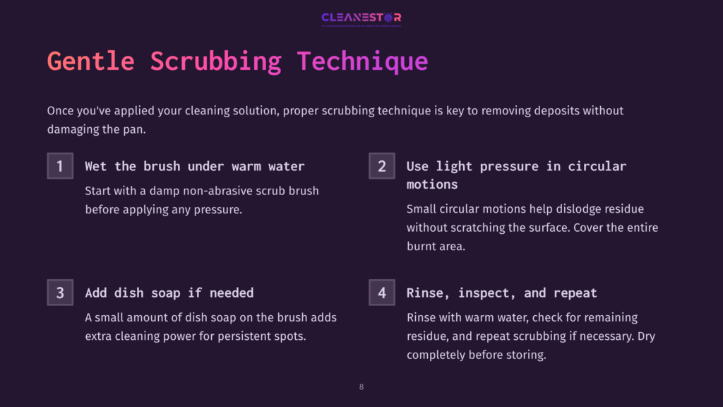 Graphic With Four Steps For Gentle Scrubbing Technique: Wet Brush, Use Light Pressure In Circular Motions, Add Dish Soap If Needed, And Rinse, Inspect, And Repeat. Text Includes &Quot;Gentle Scrubbing Technique&Quot; And &Quot;Cleanestor&Quot;.