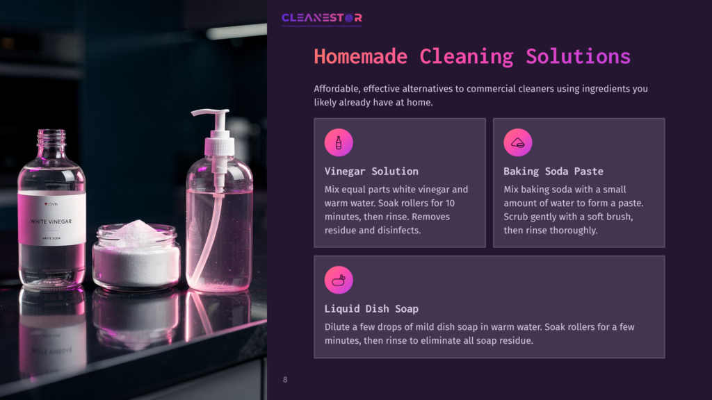 8 Homemade Cleaning Solutions Homemade Cleaning Solutions: White Vinegar Bottle, Baking Soda In A Jar, And Liquid Dish Soap, Displayed On A Dark Countertop With Purple Lighting.